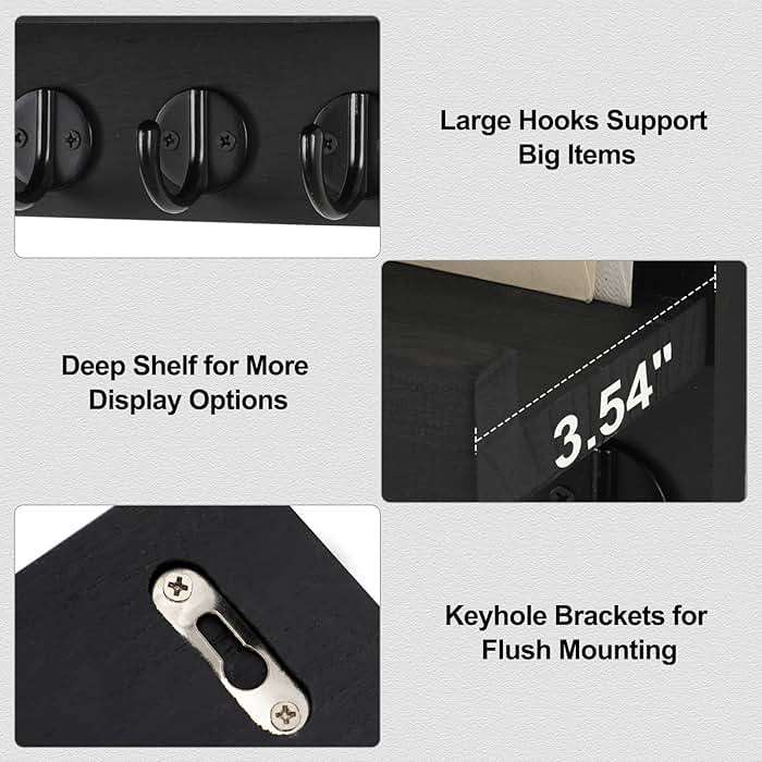 Lwenki Key Holder for Wall, Decorative Key and Mail Holder with Shelf Has Large Hooks for Bags, Coats, Umbrella – Paulownia Wood Key Hanger with Mounting Hardware (9.8”W x 6.7”H x 4.2”D) - Image 4
