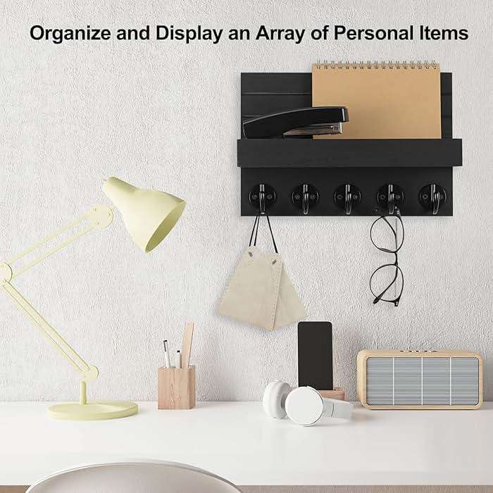 Lwenki Key Holder for Wall, Decorative Key and Mail Holder with Shelf Has Large Hooks for Bags, Coats, Umbrella – Paulownia Wood Key Hanger with Mounting Hardware (9.8”W x 6.7”H x 4.2”D) - Image 6