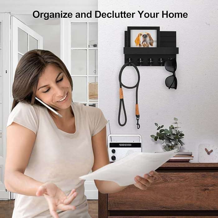 Lwenki Key Holder for Wall, Decorative Key and Mail Holder with Shelf Has Large Hooks for Bags, Coats, Umbrella – Paulownia Wood Key Hanger with Mounting Hardware (9.8”W x 6.7”H x 4.2”D) - Image 7
