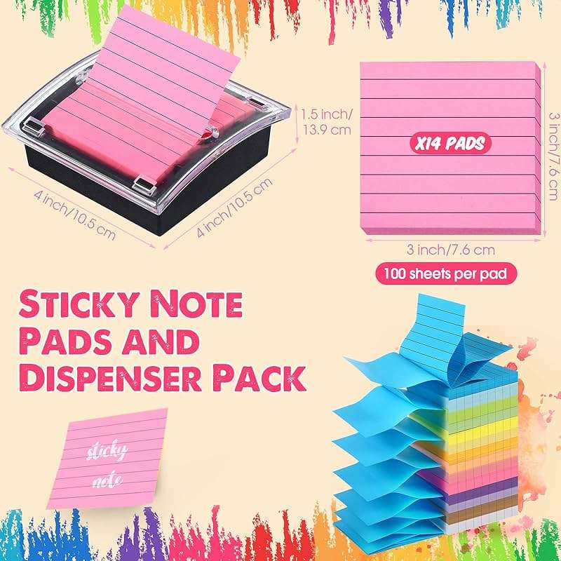 14 Pads Pop up Sticky Notes Colored with Dispenser Set Self Stick Memo Pads Bright Color Adhesive Notes 3x3 Refills and Pop up Sticky Note Holder Black Base Clear Top, 100 Sheet/Pad (Lined Style) - Image 2