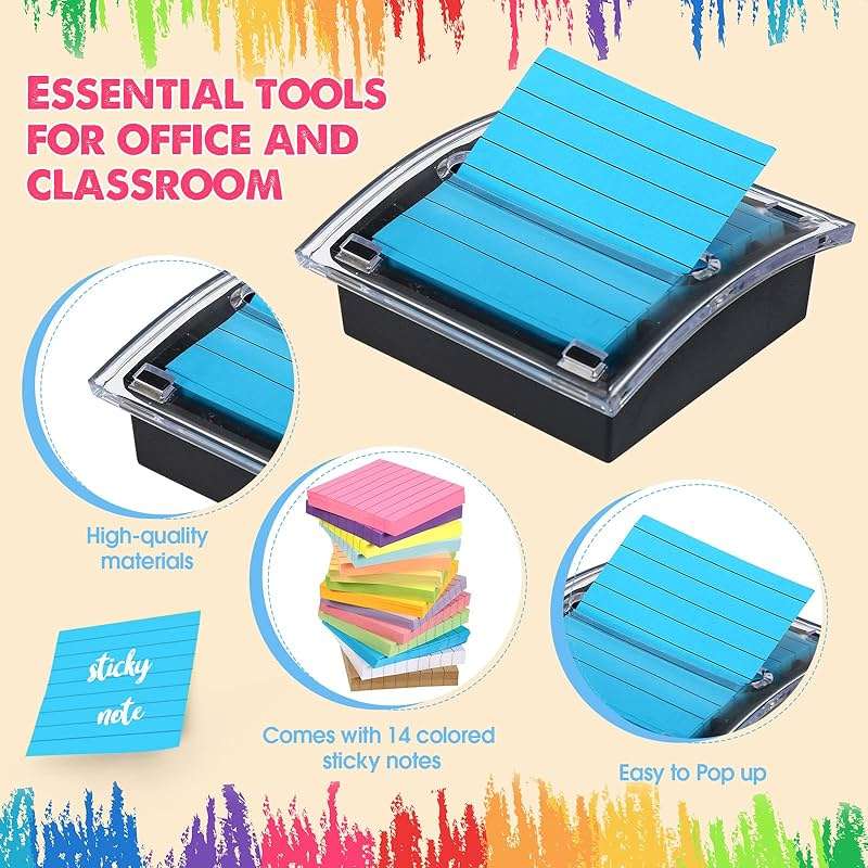 14 Pads Pop up Sticky Notes Colored with Dispenser Set Self Stick Memo Pads Bright Color Adhesive Notes 3x3 Refills and Pop up Sticky Note Holder Black Base Clear Top, 100 Sheet/Pad (Lined Style) - Image 3