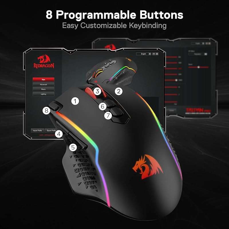 Redragon M810 Pro Wireless Gaming Mouse, 10000 DPI Wired/Wireless Gamer Mouse w/Rapid Fire Key, 8 Macro Buttons, 45-Hour Reliable Power Capacity and RGB Backlit for PC/Mac/Laptop - Image 8