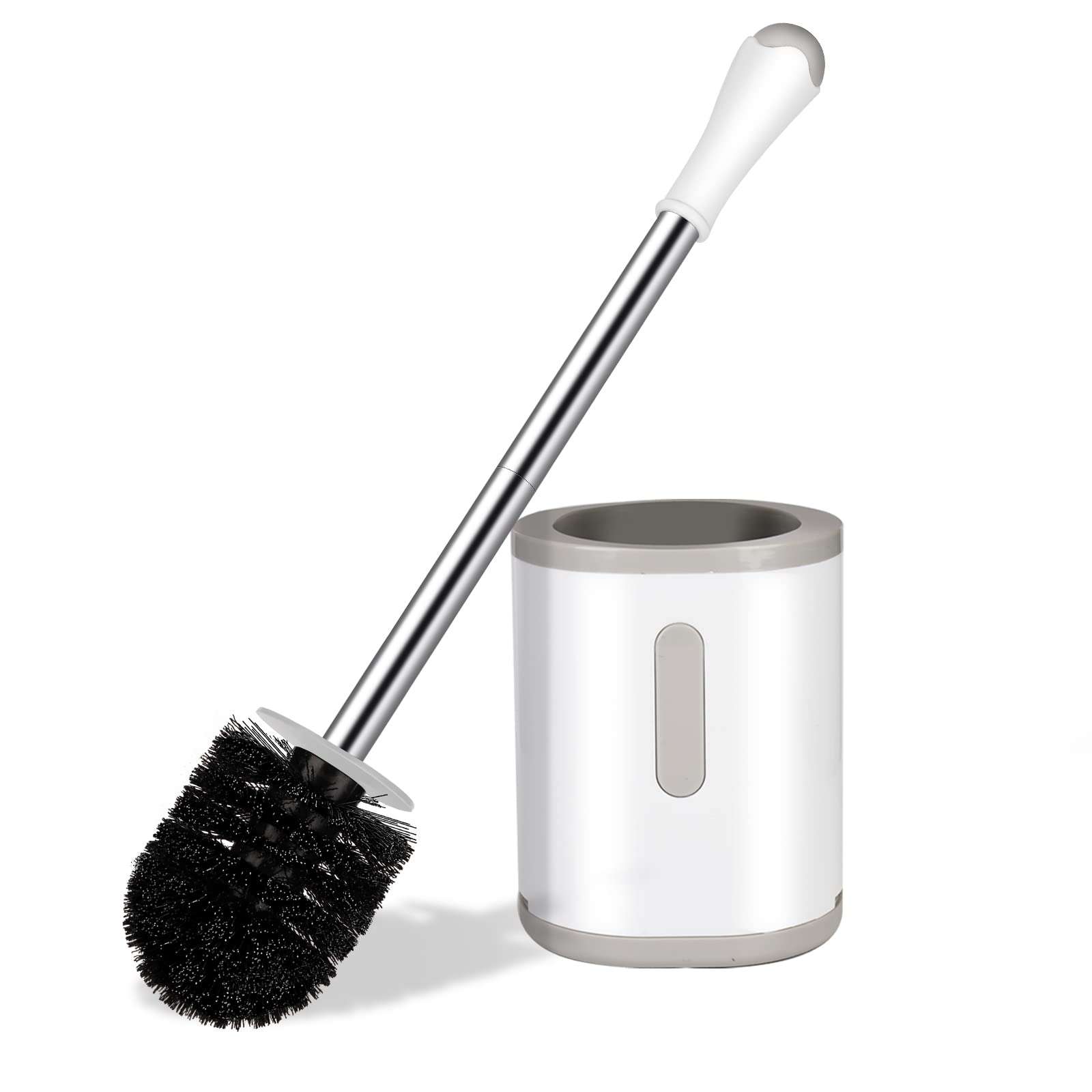 AONEZ Compact Toilet Brush & Holder, Stainless Steel Handle, Space Saving for Storage, Deep Cleaning, Drip-Proof, Easy to Assemble, Nylon Bristles, White & Grey - Image 1