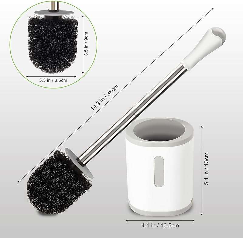 AONEZ Compact Toilet Brush & Holder, Stainless Steel Handle, Space Saving for Storage, Deep Cleaning, Drip-Proof, Easy to Assemble, Nylon Bristles, White & Grey - Image 2