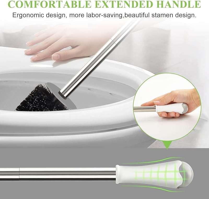 AONEZ Compact Toilet Brush & Holder, Stainless Steel Handle, Space Saving for Storage, Deep Cleaning, Drip-Proof, Easy to Assemble, Nylon Bristles, White & Grey - Image 4