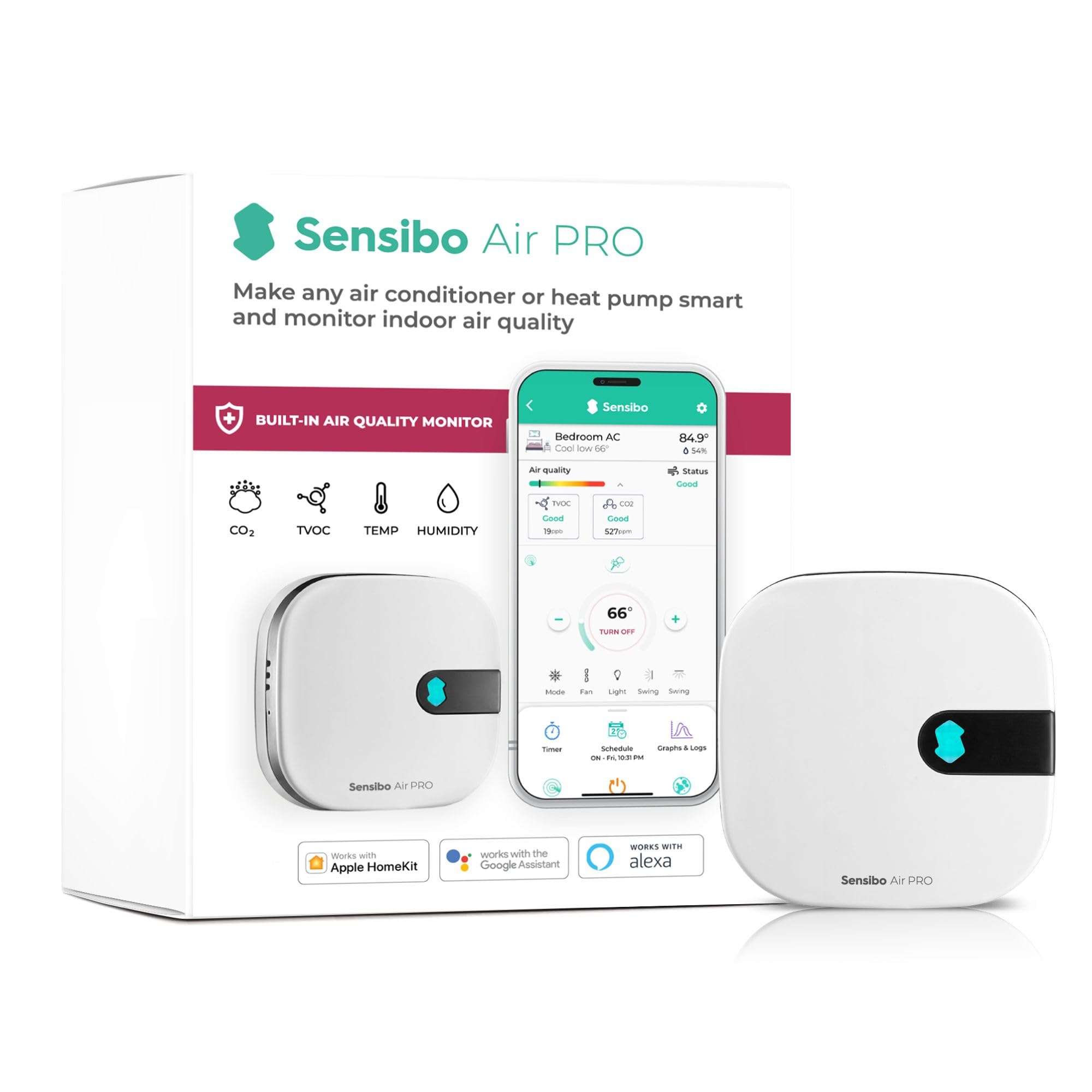 Sensibo Air PRO - Air Conditioner Smart Controller & Air Quality Sensor. Smart Thermostat for Mini Split, Window, Portable AC. Temp & Humidity Sensors. Google, Alexa, Siri & Apple HomeKit Compatible - Image 1