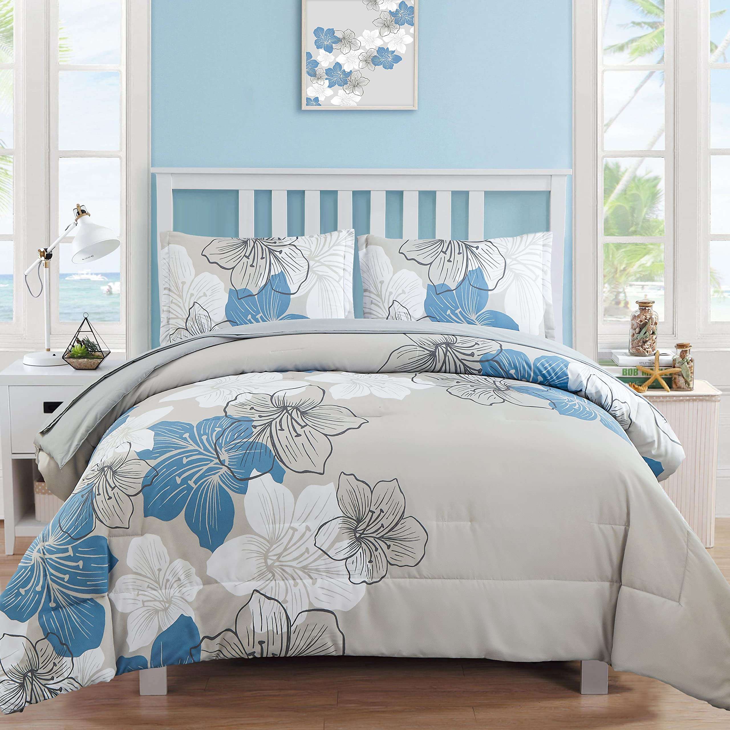 Luxudecor Floral Comforter Set Queen Size, Blue Floral Comforter and Sheet Set, 7 Pieces Bed in a Bag Soft Microfiber Complete Bedding Sets for All Seasons 90"×90" - Image 1