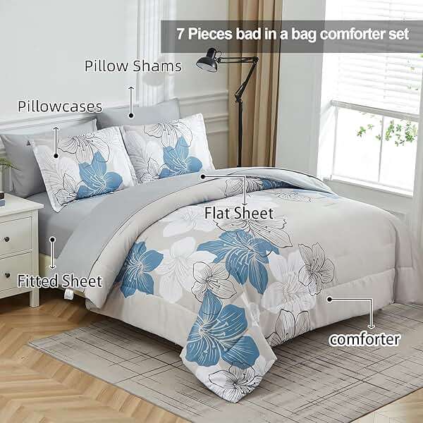 Luxudecor Floral Comforter Set Queen Size, Blue Floral Comforter and Sheet Set, 7 Pieces Bed in a Bag Soft Microfiber Complete Bedding Sets for All Seasons 90"×90" - Image 2