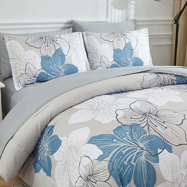Luxudecor Floral Comforter Set Queen Size, Blue Floral Comforter and Sheet Set, 7 Pieces Bed in a Bag Soft Microfiber Complete Bedding Sets for All Seasons 90"×90" - Image 3
