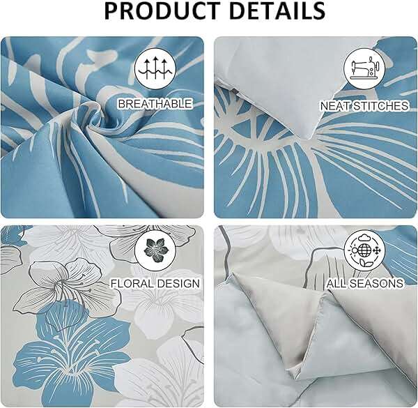 Luxudecor Floral Comforter Set Queen Size, Blue Floral Comforter and Sheet Set, 7 Pieces Bed in a Bag Soft Microfiber Complete Bedding Sets for All Seasons 90"×90" - Image 4