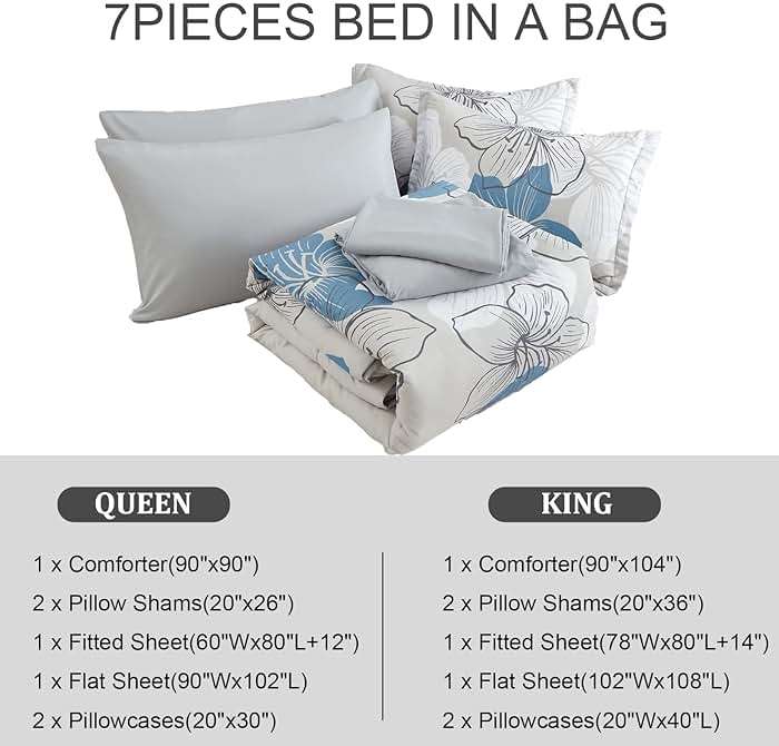 Luxudecor Floral Comforter Set Queen Size, Blue Floral Comforter and Sheet Set, 7 Pieces Bed in a Bag Soft Microfiber Complete Bedding Sets for All Seasons 90"×90" - Image 6