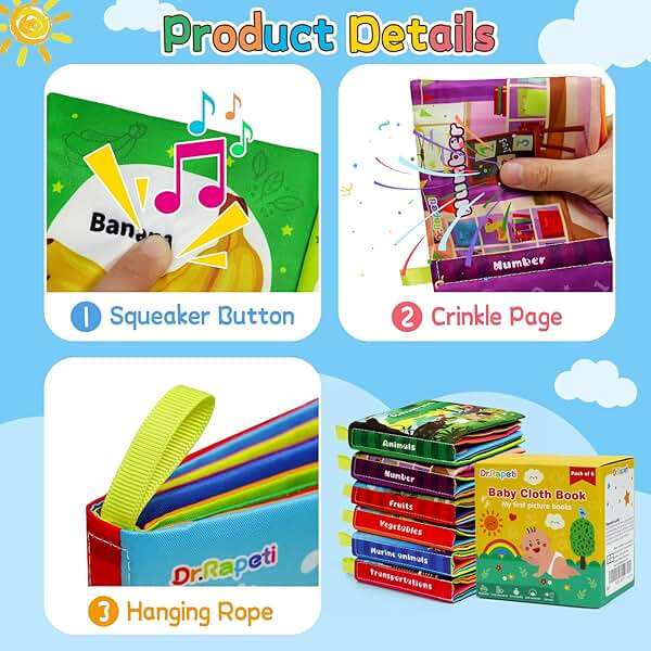 Dr.Rapeti Soft Cloth Books Baby Books Bath Books 6-Pack for Baby Infant Toddler Kids Crinkle Squeaky Washable Chewable Non-Toxic Early Educational Giftable - Image 4