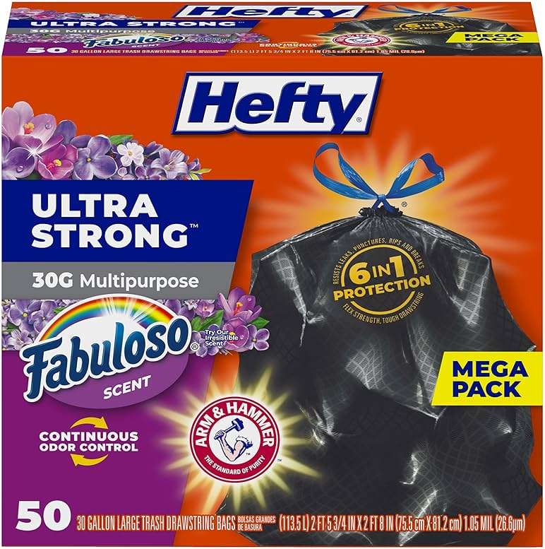Hefty Ultra Strong 30 Gallon Trash Bags, Large Trash Bags 30 Gallon Size, Multipurpose, Break Resistant Drawstring Closure, Resists Leaks, Punctures, and Tears, Black, Fabuloso Scent, 50 Bags - Image 1
