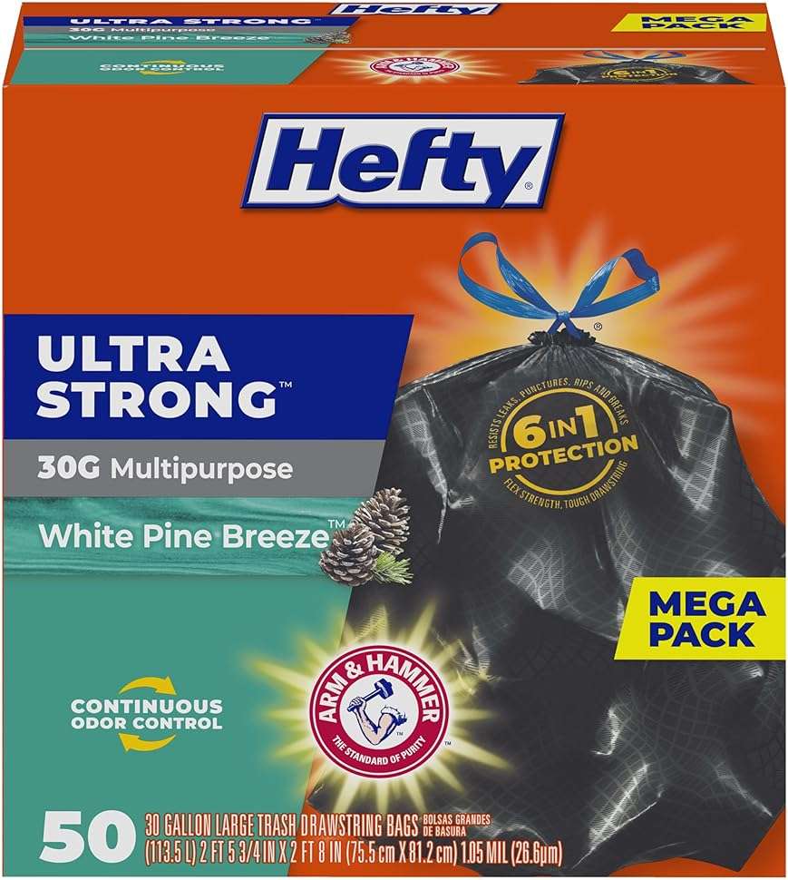 Hefty Ultra Strong 30 Gallon Trash Bags, Large Trash Bags 30 Gallon Size, Multipurpose, Break Resistant Drawstring Closure, Resists Leaks, Punctures, and Tears, Black, White Pine Breeze Scent, 50 Bags - Image 1