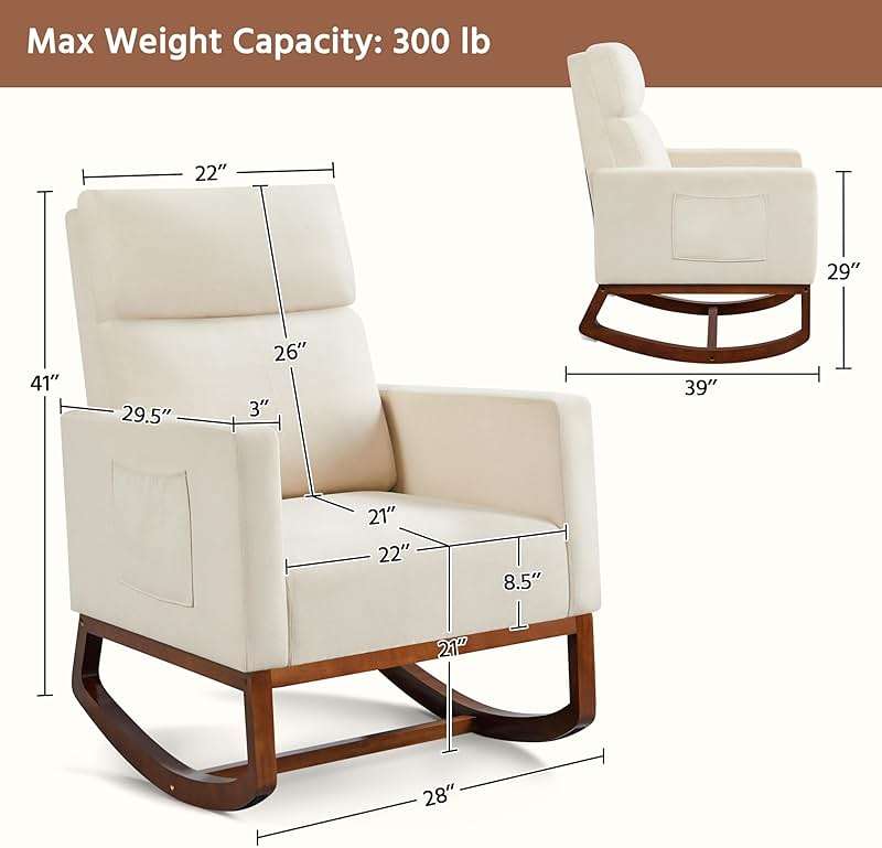 Yaheetech Rocking Chair, Modern Glider Chair, Recliner Armchair with Wood Legs and Side Pocket, Nursery Rocking Accent Chair with High Back for Living Room Bedroom, Beige - Image 2