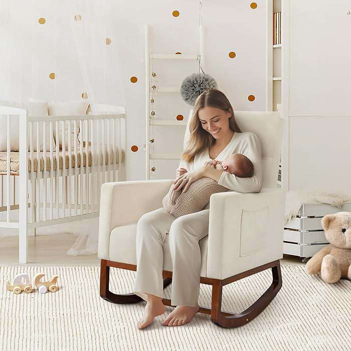 Yaheetech Rocking Chair, Modern Glider Chair, Recliner Armchair with Wood Legs and Side Pocket, Nursery Rocking Accent Chair with High Back for Living Room Bedroom, Beige - Image 3