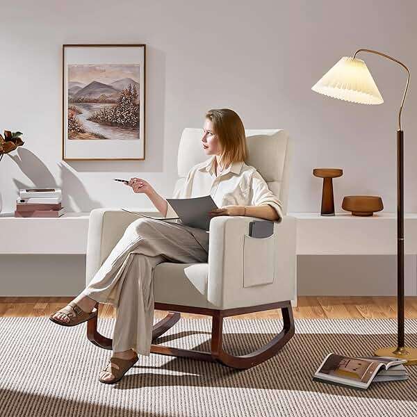 Yaheetech Rocking Chair, Modern Glider Chair, Recliner Armchair with Wood Legs and Side Pocket, Nursery Rocking Accent Chair with High Back for Living Room Bedroom, Beige - Image 4