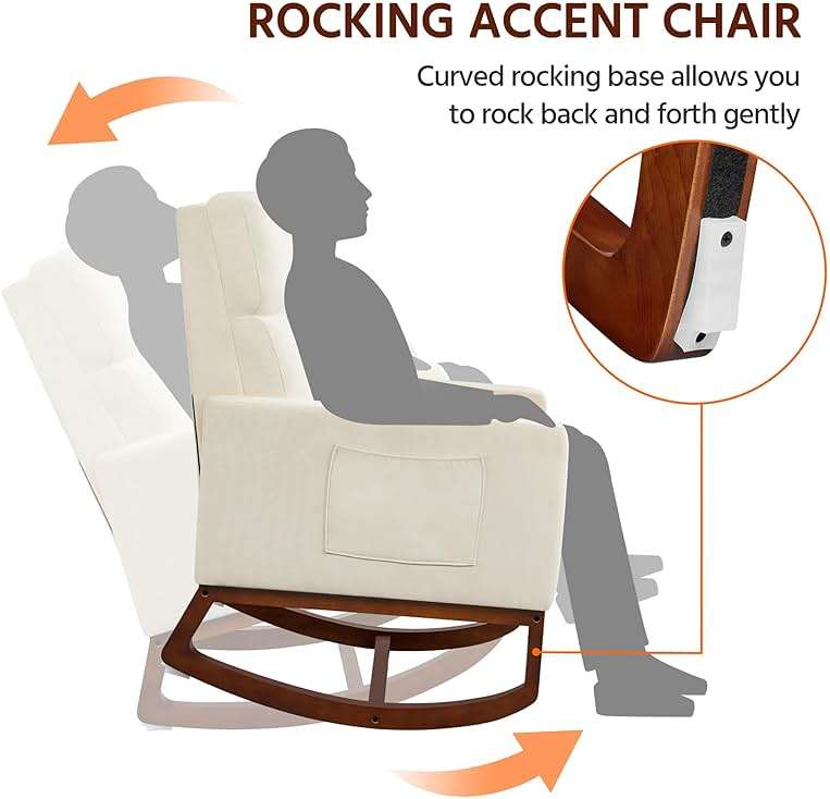 Yaheetech Rocking Chair, Modern Glider Chair, Recliner Armchair with Wood Legs and Side Pocket, Nursery Rocking Accent Chair with High Back for Living Room Bedroom, Beige - Image 5