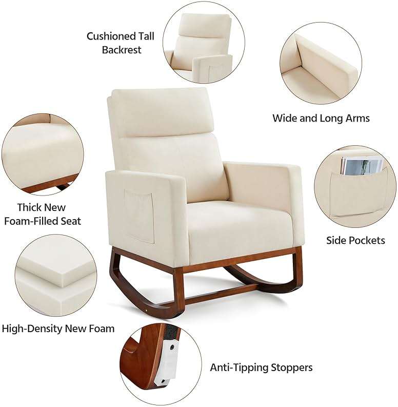 Yaheetech Rocking Chair, Modern Glider Chair, Recliner Armchair with Wood Legs and Side Pocket, Nursery Rocking Accent Chair with High Back for Living Room Bedroom, Beige - Image 6