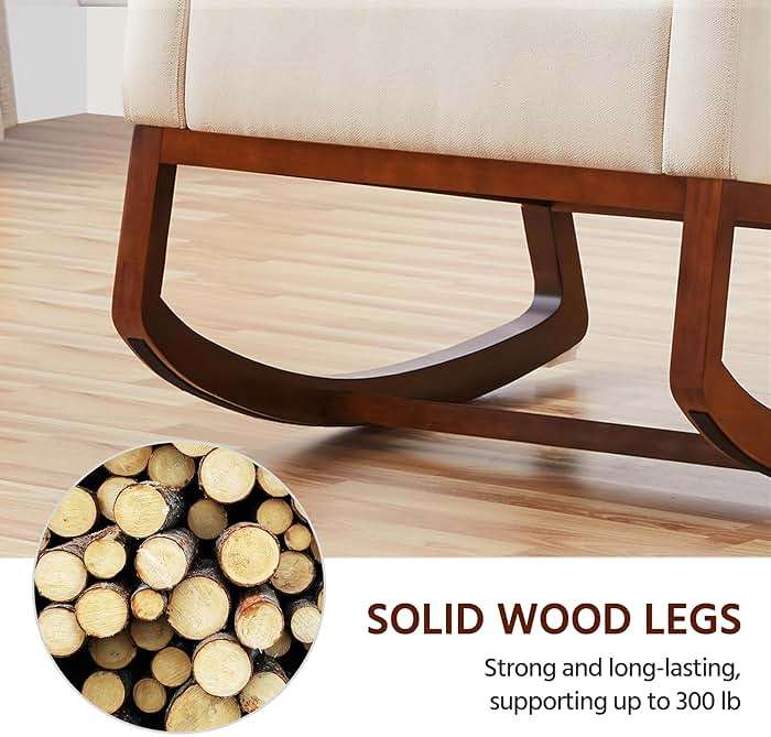 Yaheetech Rocking Chair, Modern Glider Chair, Recliner Armchair with Wood Legs and Side Pocket, Nursery Rocking Accent Chair with High Back for Living Room Bedroom, Beige - Image 9