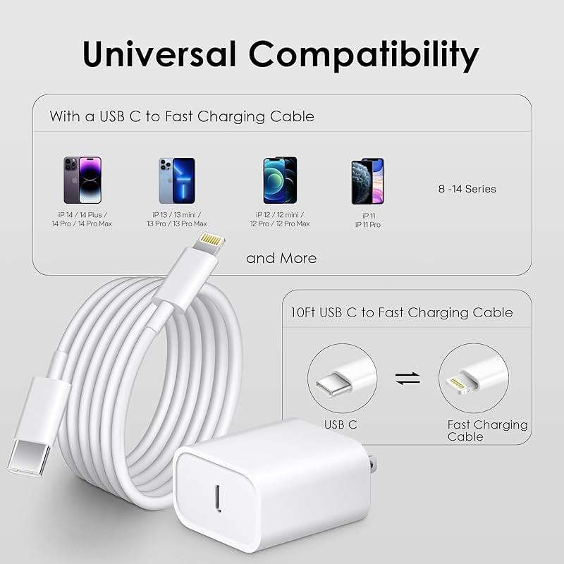 Phone 14 13 12 Fast Charger [MFi Certified] 10FT Type C Charger 2 Pack 20W USB C Charging Block with Fast Charging Cable for Phone 14/14 Pro/13/13Pro Max/12/12 Pro Max/11/XS/XR/X/8Plus - Image 7