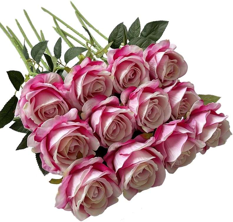 UKELER Artificial Rose Flowers Dark Pink 12 Pcs Blossom Rose Flowers Real Touch Silk Faux Roses with Long Stem Rose Bouquets for DIY Home Decoration Wedding Party - Image 1