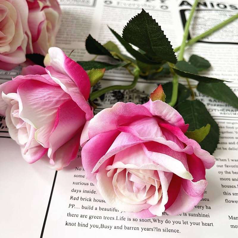 UKELER Artificial Rose Flowers Dark Pink 12 Pcs Blossom Rose Flowers Real Touch Silk Faux Roses with Long Stem Rose Bouquets for DIY Home Decoration Wedding Party - Image 2