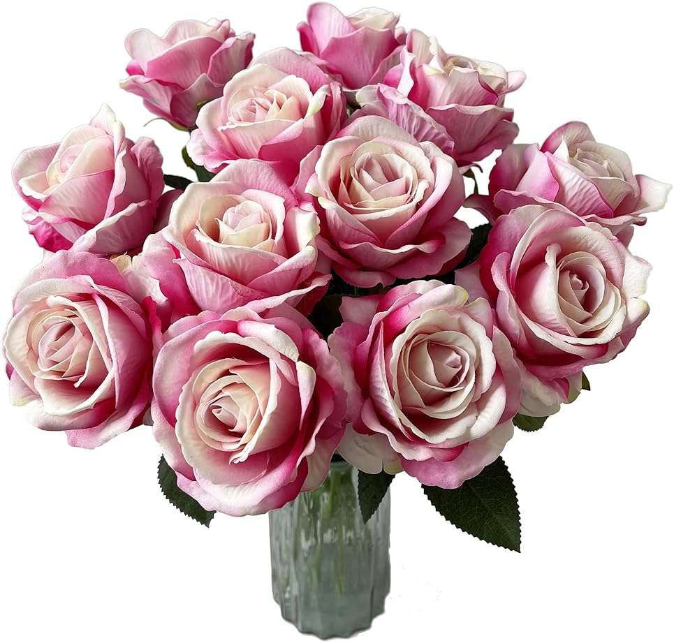 UKELER Artificial Rose Flowers Dark Pink 12 Pcs Blossom Rose Flowers Real Touch Silk Faux Roses with Long Stem Rose Bouquets for DIY Home Decoration Wedding Party - Image 4