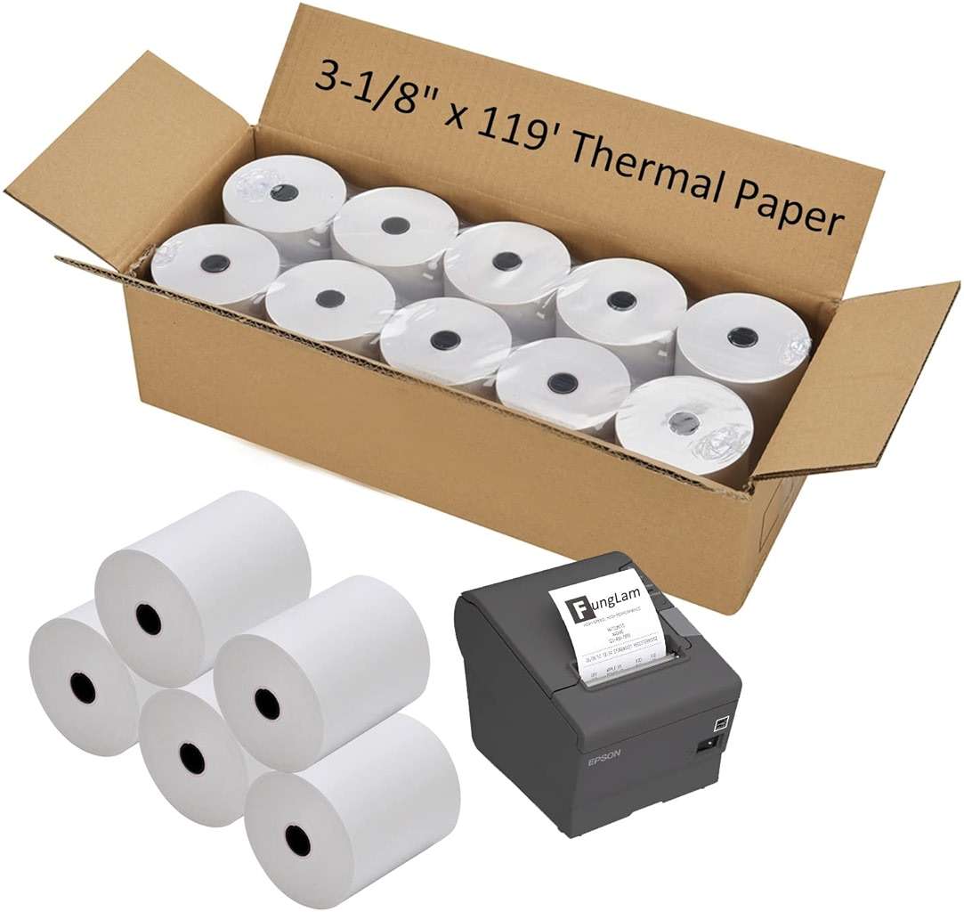 FungLam Thermal Receipt Paper Rolls, 3-1/8" x 119', 10 Rolls per Case, Crisp, Clear Images, Red End-of-Warning Signal, POS/Cash Register Paper - Image 1