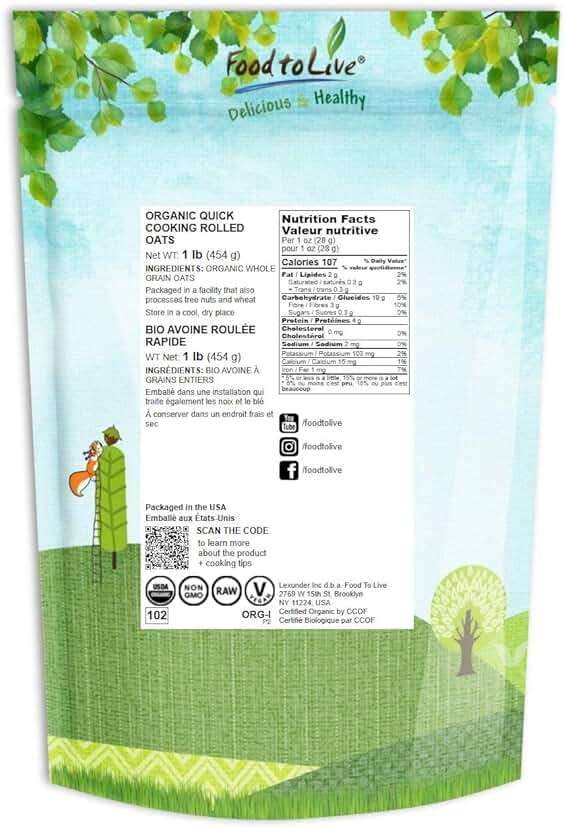 Food to Live Organic Quick Cooking Rolled Oats – Non-GMO, 1-Minute Oatmeal, 100% Whole Grain, Thin Flakes, Uncooked, Vegan, Bulk. Rich in Protein, Fiber. Great for Breakfast Cereal, Granola, Baking - Image 2