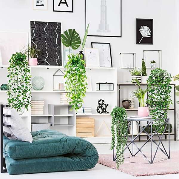 Palonu 4 Pack Faux Artificial Hanging Plants, UV Resistant Fake Potted Greenery with Eucalyptus Vine, Mandala, Pea Pod Leaves & String of Pearls in Pots for Living Room Bathroom Indoor Outdoor Décor - Image 2
