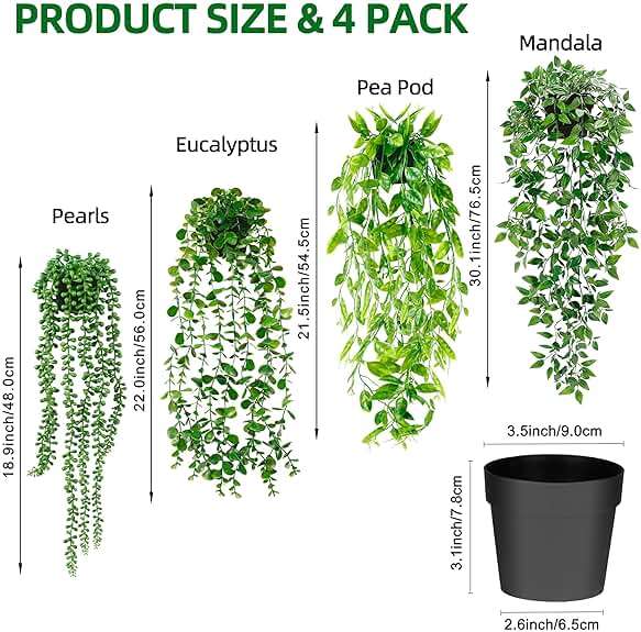 Palonu 4 Pack Faux Artificial Hanging Plants, UV Resistant Fake Potted Greenery with Eucalyptus Vine, Mandala, Pea Pod Leaves & String of Pearls in Pots for Living Room Bathroom Indoor Outdoor Décor - Image 3
