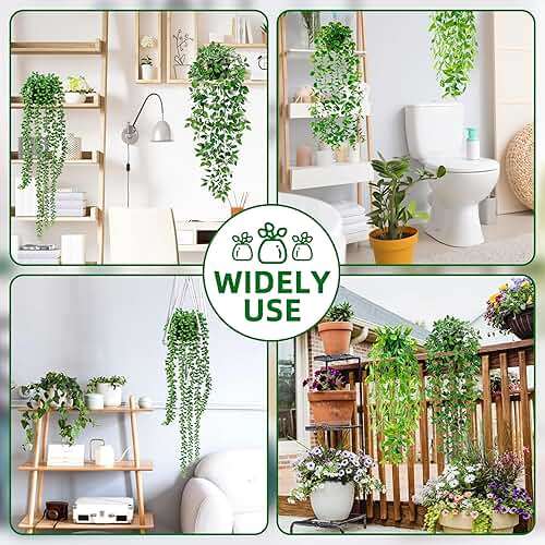Palonu 4 Pack Faux Artificial Hanging Plants, UV Resistant Fake Potted Greenery with Eucalyptus Vine, Mandala, Pea Pod Leaves & String of Pearls in Pots for Living Room Bathroom Indoor Outdoor Décor - Image 5