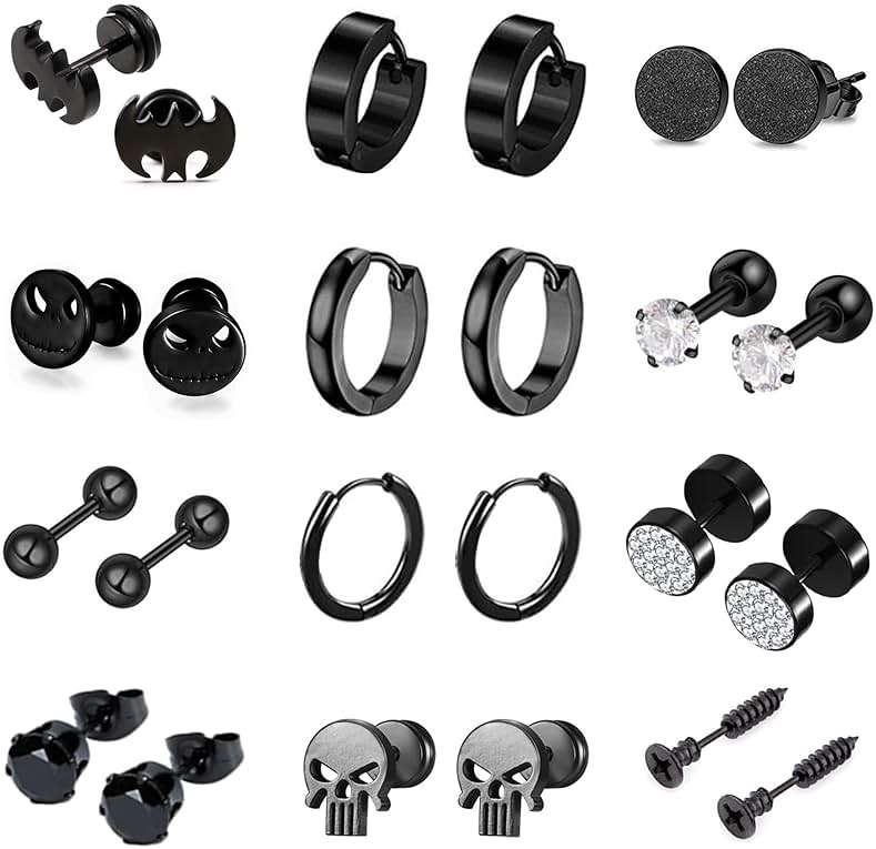 12 Pairs Earrings for Men Punk Mens Earrings Stainless Steel Black Silver Earrings Cool Flatback Screw Skull Stud Earrings for Eboys… - Image 1