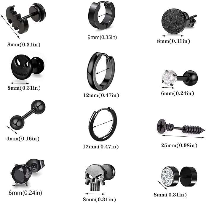 12 Pairs Earrings for Men Punk Mens Earrings Stainless Steel Black Silver Earrings Cool Flatback Screw Skull Stud Earrings for Eboys… - Image 2