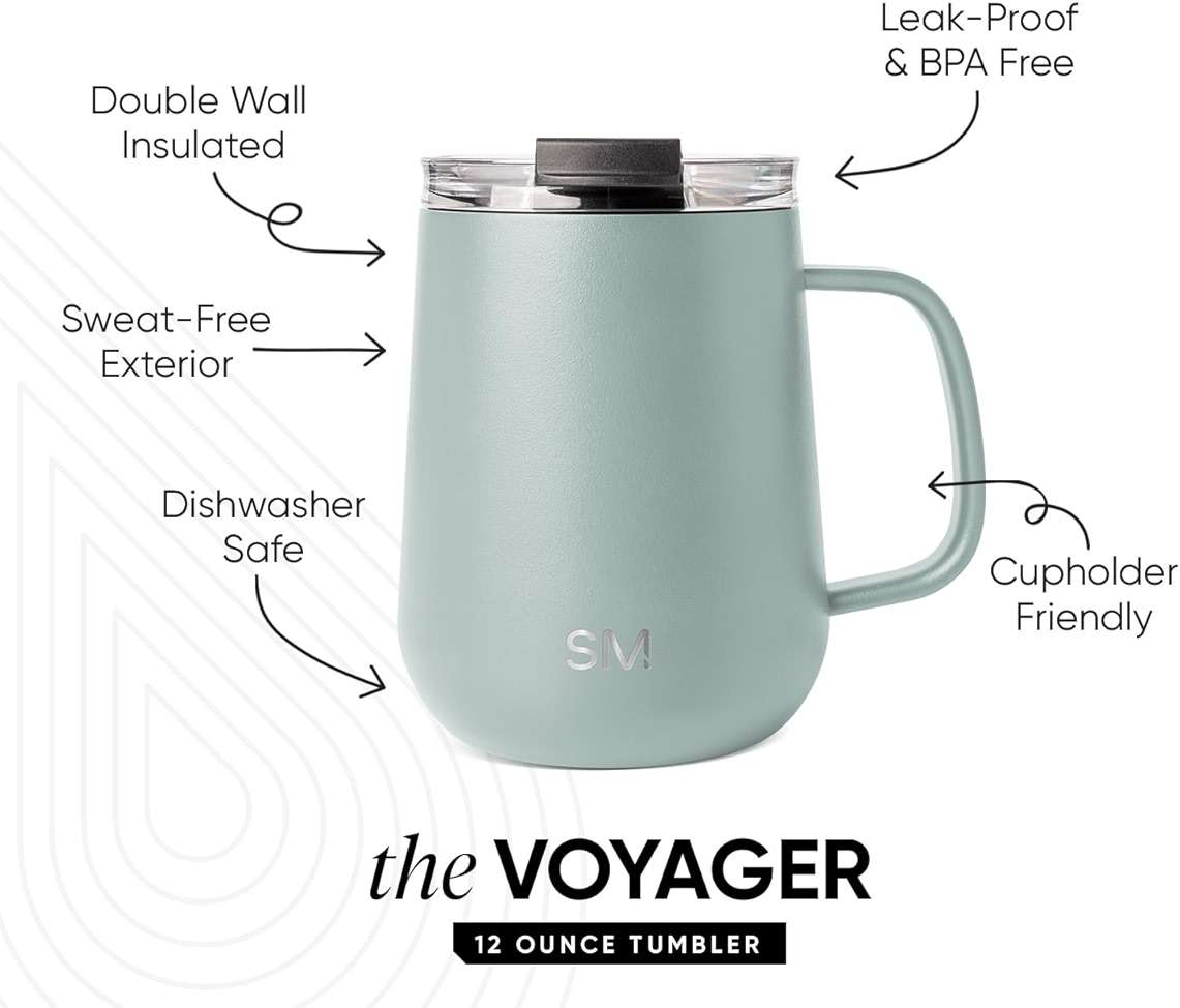 Simple Modern Voyager Signature Mug | Travel Coffee Tumbler with 360° Lid and Handle | Ceramic-Lined Insulated Stainless Steel Iced Cold Brew Cup | 12oz, Sea Glass Sage - Image 3
