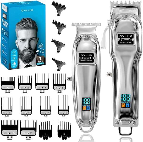 OVLUX Professional Cordless Hair Clippers for Men, Rechargeable Full Metal Beard Trimmer, Barbers Trimmer, Ideal Gift for Men, Dad - Silver. (Clipper & Trimmer Set) - Image 1