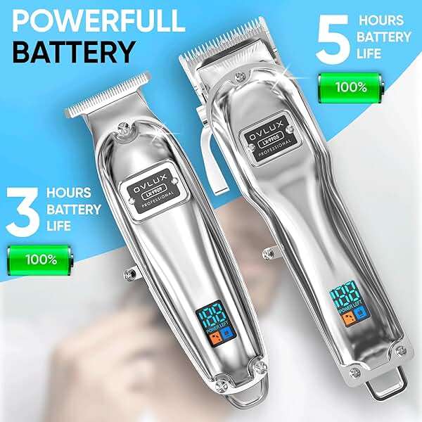 OVLUX Professional Cordless Hair Clippers for Men, Rechargeable Full Metal Beard Trimmer, Barbers Trimmer, Ideal Gift for Men, Dad - Silver. (Clipper & Trimmer Set) - Image 4