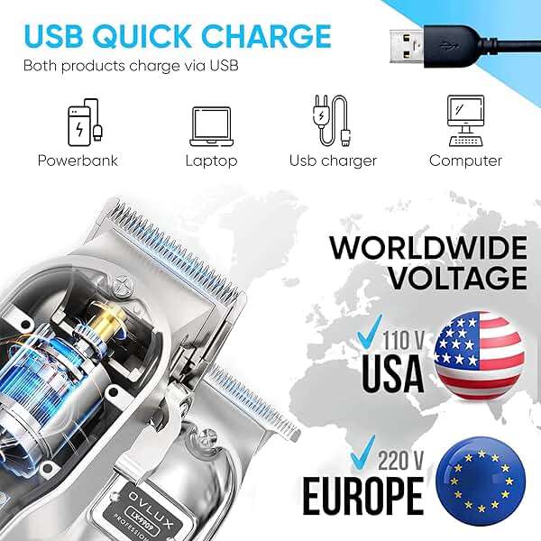 OVLUX Professional Cordless Hair Clippers for Men, Rechargeable Full Metal Beard Trimmer, Barbers Trimmer, Ideal Gift for Men, Dad - Silver. (Clipper & Trimmer Set) - Image 5