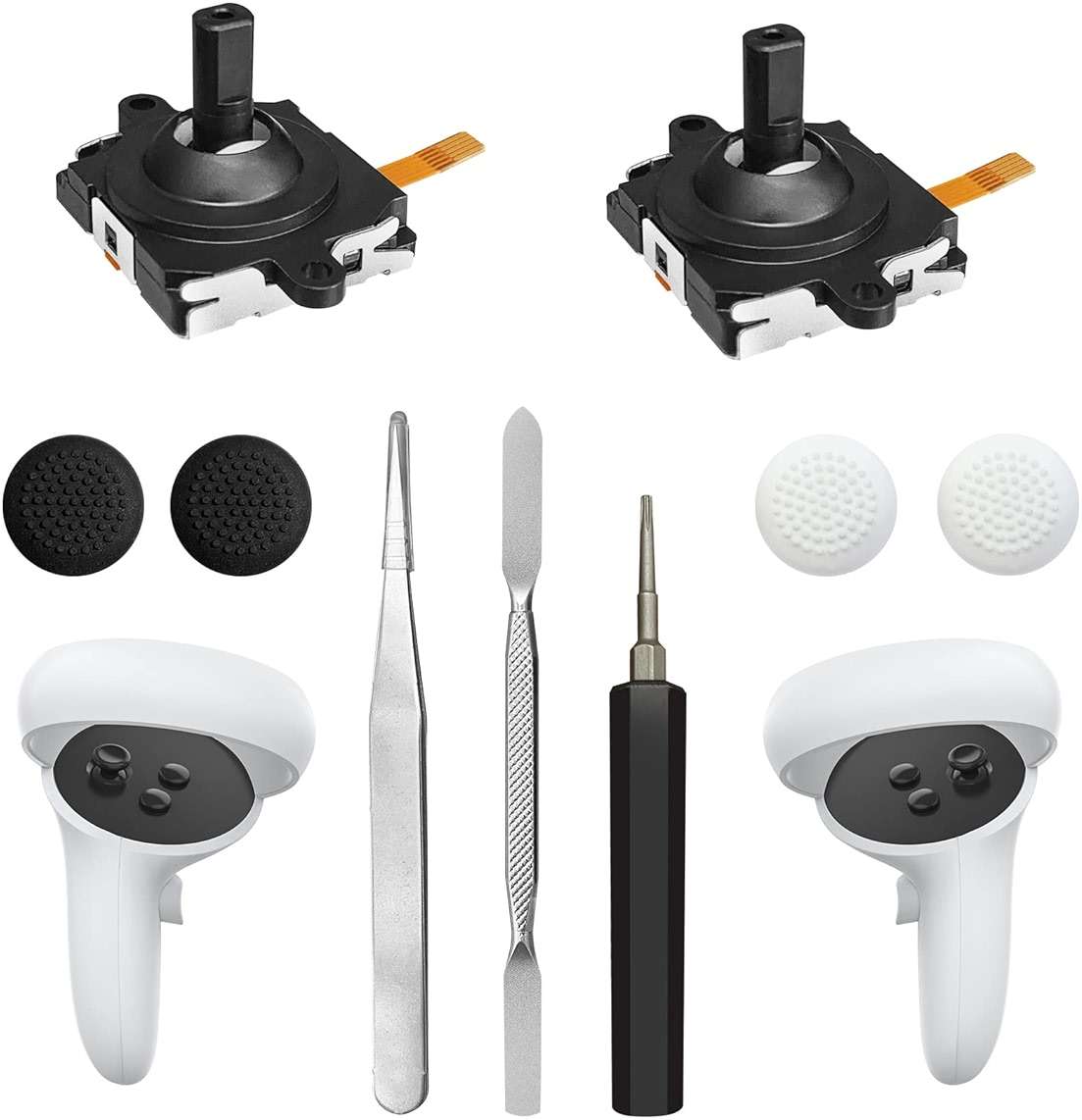 Joystick Replacement Kit for Oculus Quest 2/3 Controller, Repair Kit for Meta Quest 2/3 Controller, Include 2 Joysticks, T5 Screwdriver, Tweezer, Pry Tool, 4 Thumbstick Grips (Black-11-in one) - Image 1