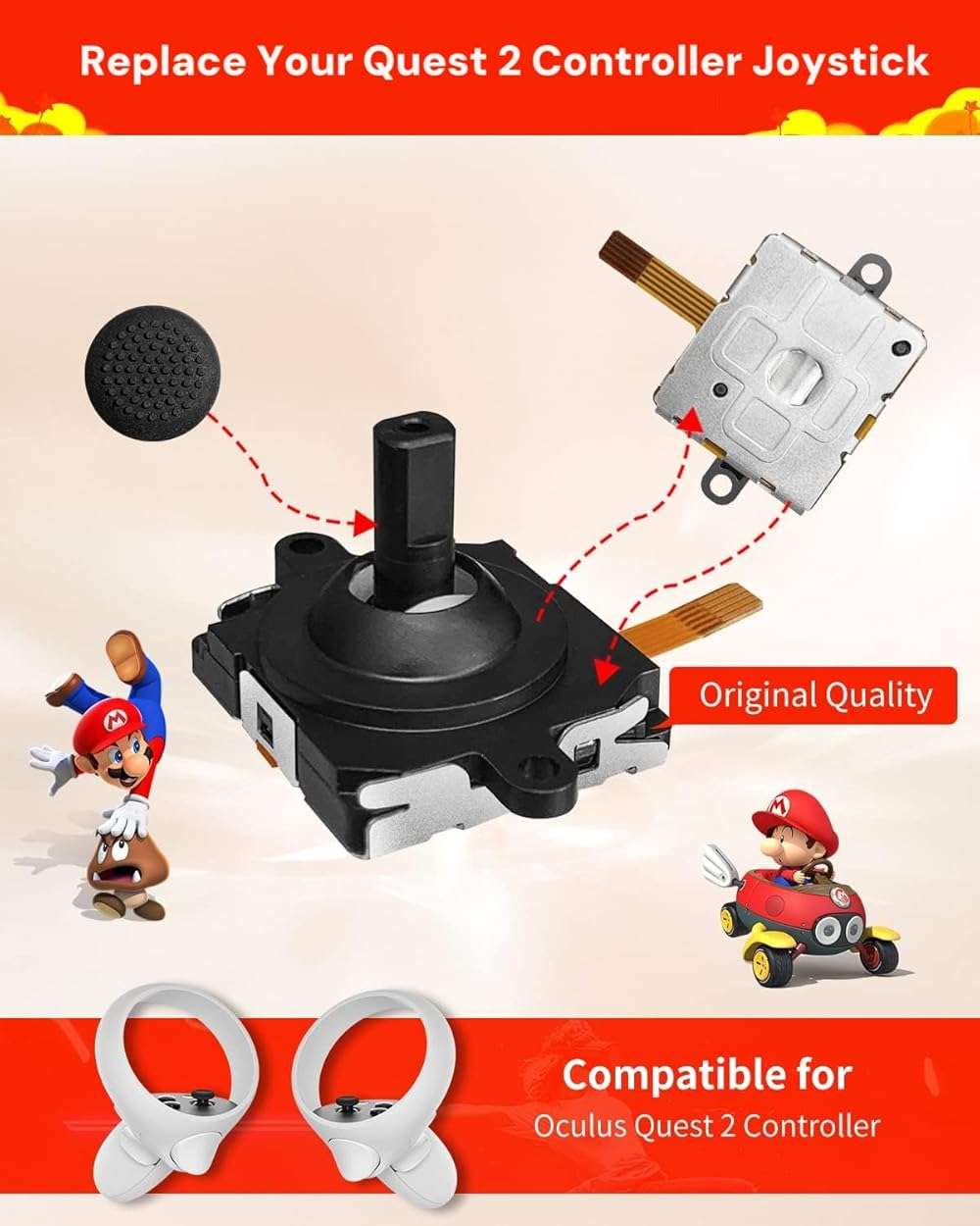 Joystick Replacement Kit for Oculus Quest 2/3 Controller, Repair Kit for Meta Quest 2/3 Controller, Include 2 Joysticks, T5 Screwdriver, Tweezer, Pry Tool, 4 Thumbstick Grips (Black-11-in one) - Image 2