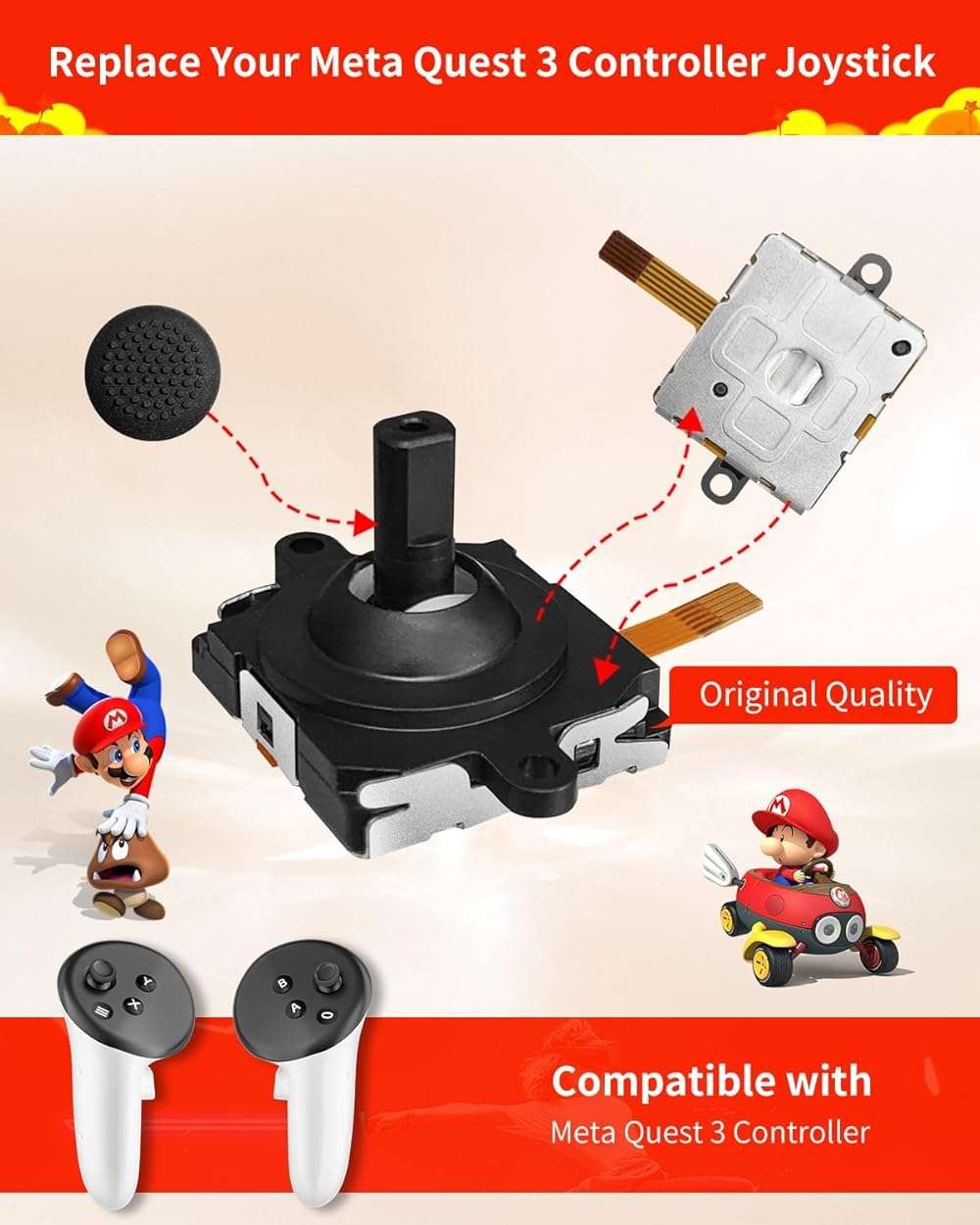 Joystick Replacement Kit for Oculus Quest 2/3 Controller, Repair Kit for Meta Quest 2/3 Controller, Include 2 Joysticks, T5 Screwdriver, Tweezer, Pry Tool, 4 Thumbstick Grips (Black-11-in one) - Image 4