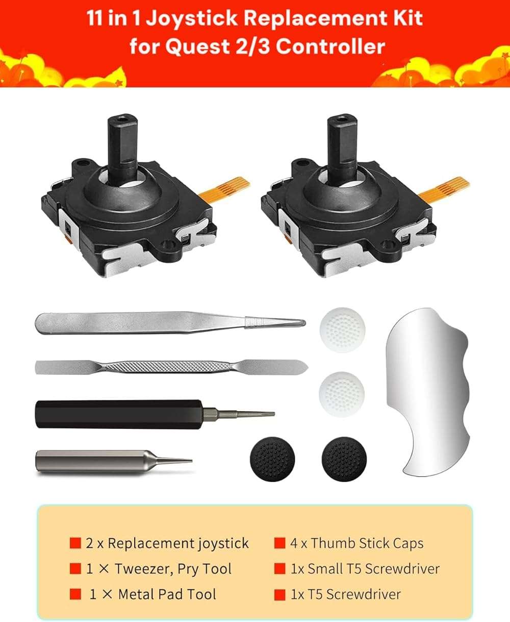 Joystick Replacement Kit for Oculus Quest 2/3 Controller, Repair Kit for Meta Quest 2/3 Controller, Include 2 Joysticks, T5 Screwdriver, Tweezer, Pry Tool, 4 Thumbstick Grips (Black-11-in one) - Image 7
