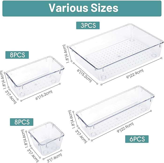 WOWBOX 25 PCS Clear Plastic Drawer Organizer Set, 4 Sizes Desk Drawer Divider Organizers and Storage Bins for Makeup, Jewelry, Gadgets for Kitchen, Bedroom, Bathroom, Office - Image 3