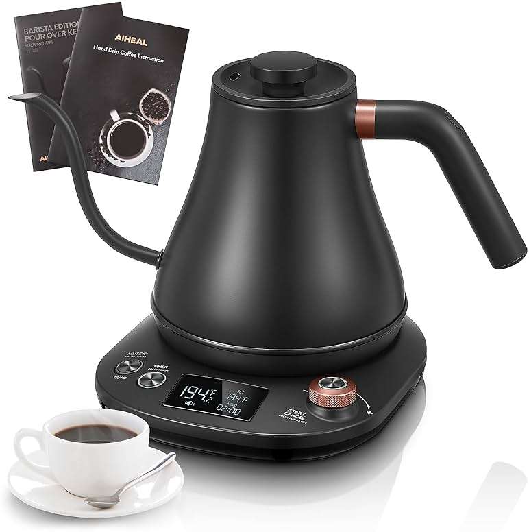 Electric Gooseneck Kettle Temperature Control, Pour Over Electric Kettle for Coffee and Tea, 100% Stainless Steel Inner, 1200W Rapid Heating, 0.8L, Built-in Stopwatch, Matte Black - Image 1
