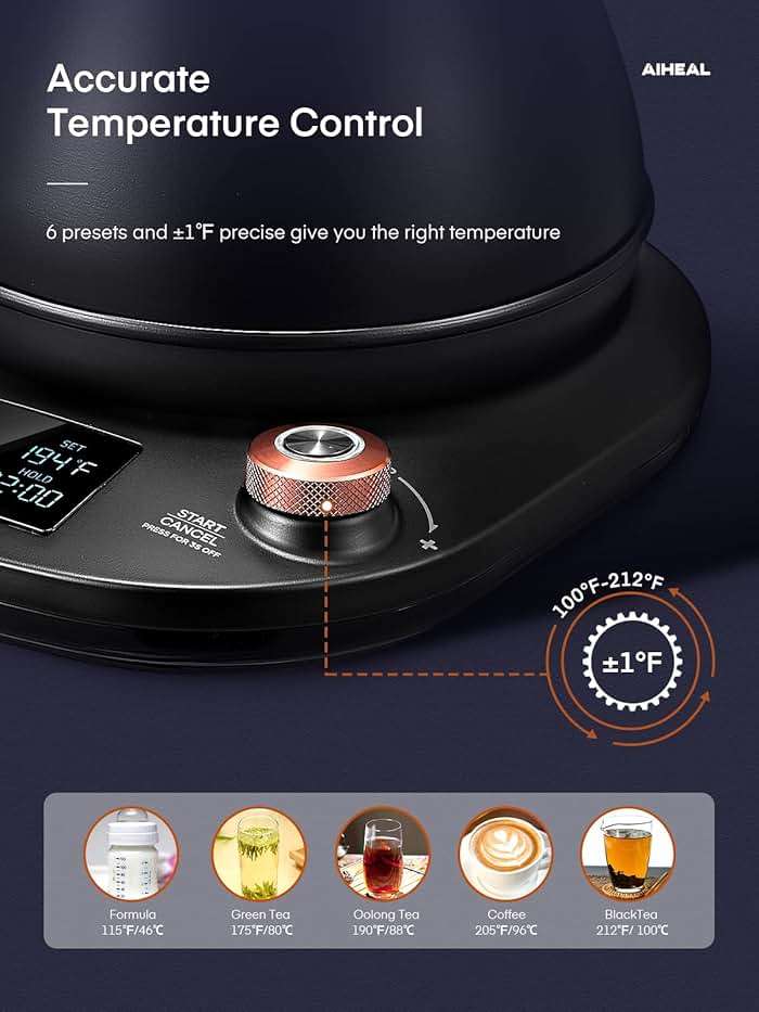 Electric Gooseneck Kettle Temperature Control, Pour Over Electric Kettle for Coffee and Tea, 100% Stainless Steel Inner, 1200W Rapid Heating, 0.8L, Built-in Stopwatch, Matte Black - Image 2