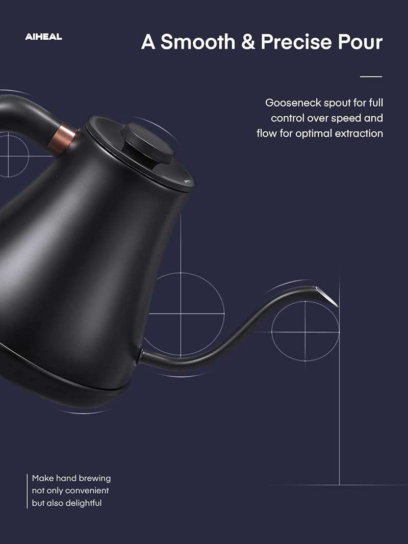 Electric Gooseneck Kettle Temperature Control, Pour Over Electric Kettle for Coffee and Tea, 100% Stainless Steel Inner, 1200W Rapid Heating, 0.8L, Built-in Stopwatch, Matte Black - Image 3