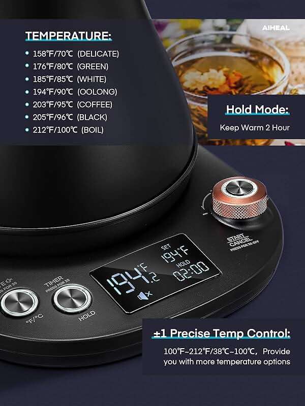 Electric Gooseneck Kettle Temperature Control, Pour Over Electric Kettle for Coffee and Tea, 100% Stainless Steel Inner, 1200W Rapid Heating, 0.8L, Built-in Stopwatch, Matte Black - Image 4