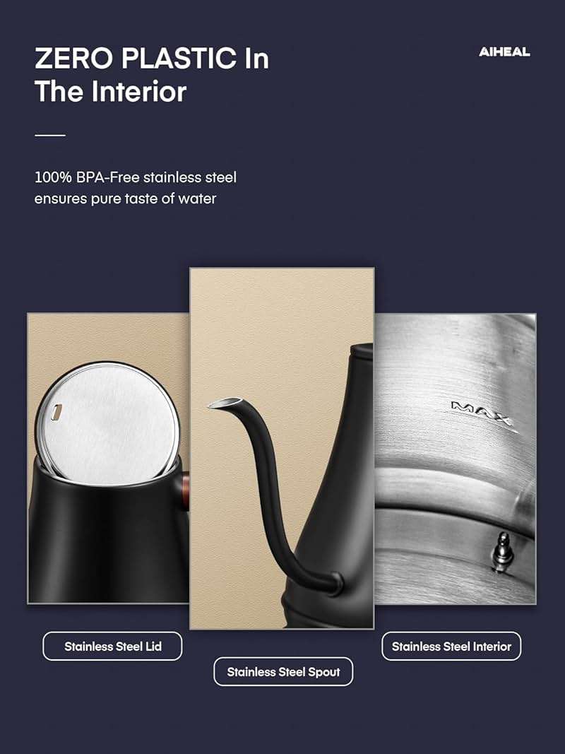 Electric Gooseneck Kettle Temperature Control, Pour Over Electric Kettle for Coffee and Tea, 100% Stainless Steel Inner, 1200W Rapid Heating, 0.8L, Built-in Stopwatch, Matte Black - Image 5