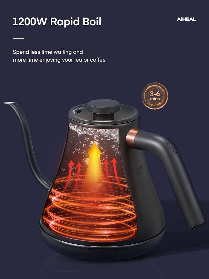 Electric Gooseneck Kettle Temperature Control, Pour Over Electric Kettle for Coffee and Tea, 100% Stainless Steel Inner, 1200W Rapid Heating, 0.8L, Built-in Stopwatch, Matte Black - Image 6